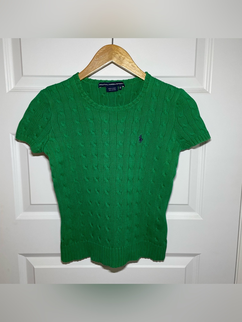 Y2K Ralph Lauren Sport Womens Fits XXS Cable-Knit Cotton Short-Sleeve Green Blue